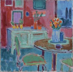 The red wall in the dining room